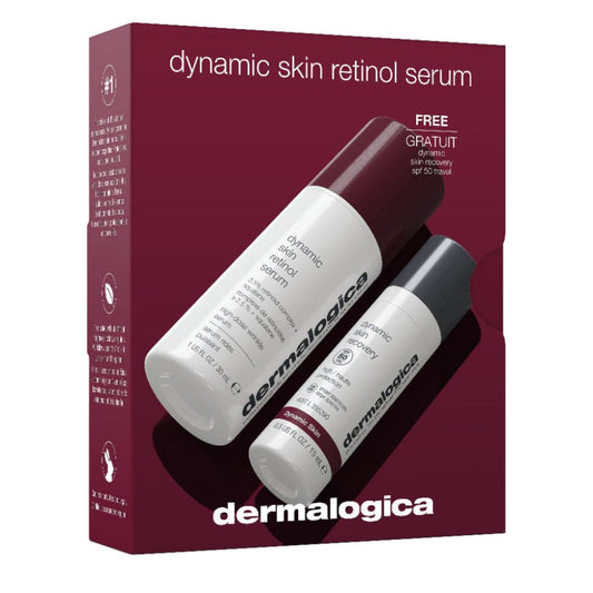 Das „Dynamic Defense Duo“-Set, bestehend aus dem „Dynamic Skin Retinol Serum“ von Dermalogica in Originalgröße sowie einem kostenlosen kleineren Produkt mit Anti-Aging-Wirkung, präsentiert vor einem burgunderroten Hintergrund.