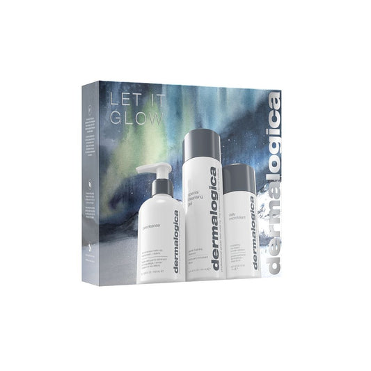 Das Let it Glow Set enthält drei weiße Flaschen in einer Box mit farbenfrohem, abstraktem Design und Produkt-Branding - ideal für gesunde Haut.