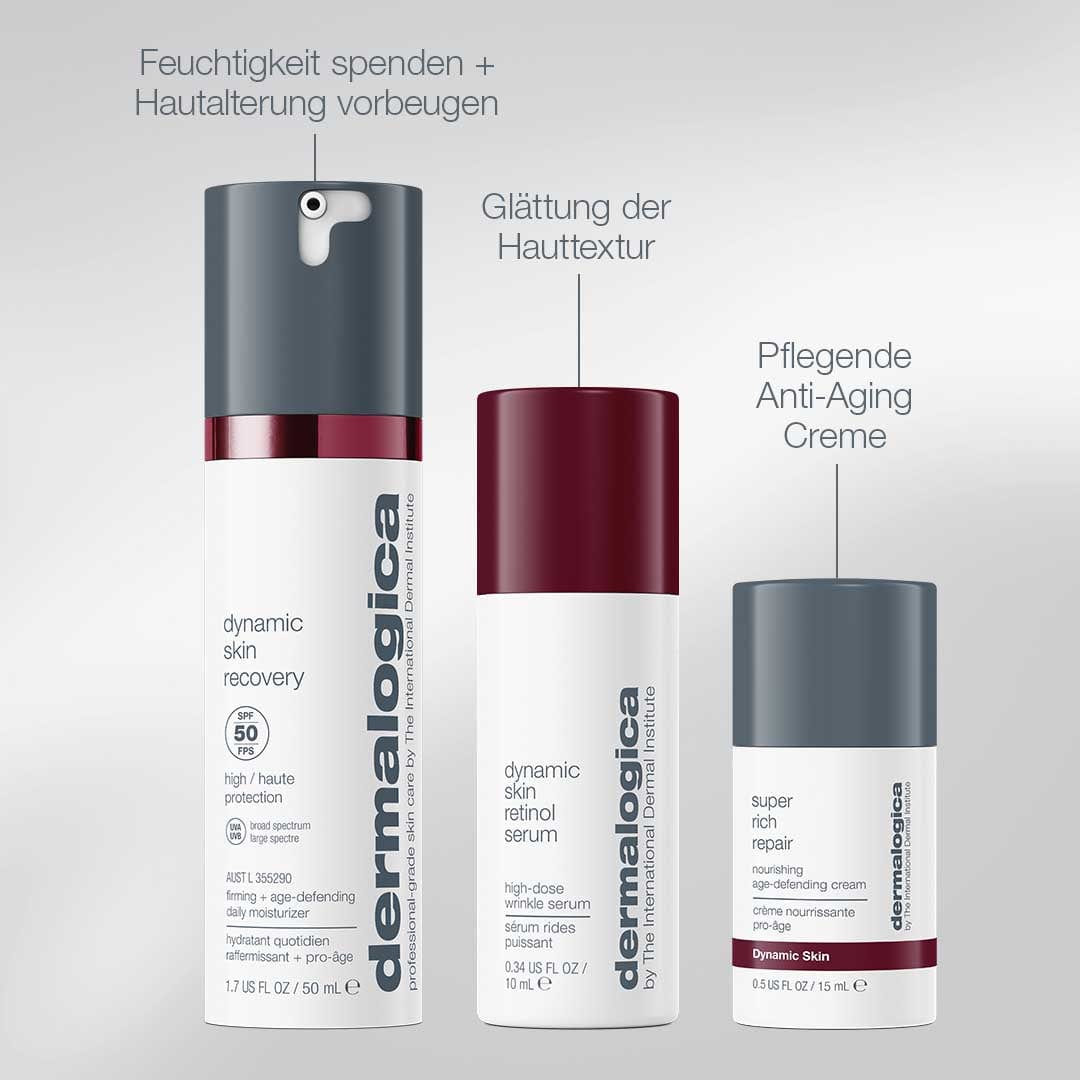 Das A Good Night's Rest Set wird aufrecht vor einem hellgrauen Hintergrund präsentiert, um die Anti-Aging-Vorteile und fortschrittlichen Formeln für eine sichtbare Hauterneuerung über Nacht hervorzuheben.