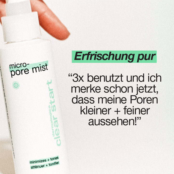 Eine Hand hält eine Flasche des Produkts "micro-pore mist" von "" mit sichtbarem Text, der die Vorteile des Produkts beschreibt.