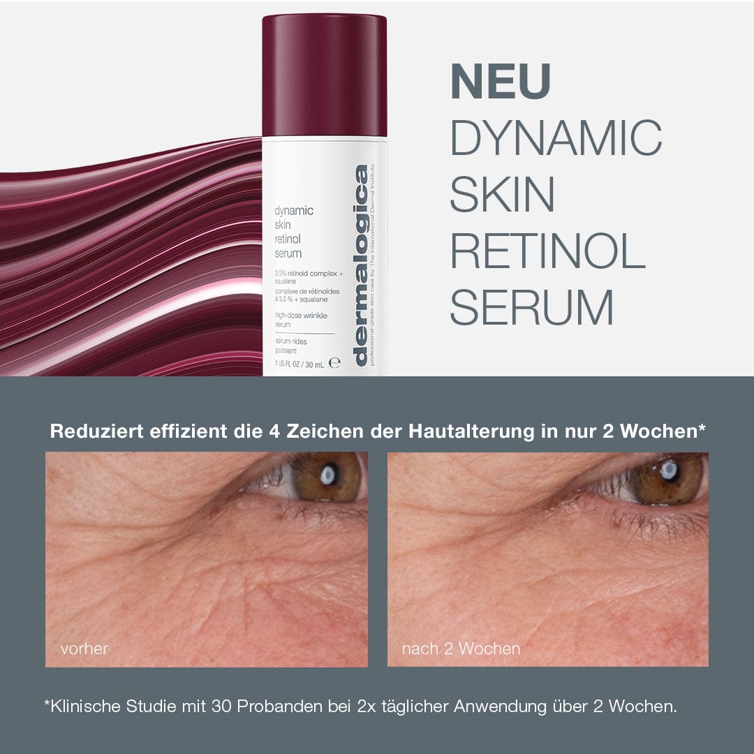 Dynamic Skin Retinol Serum Flasche und Vorher-Nachher-Bild einer Augenpartie, die eine Verringerung von Falten zeigt.