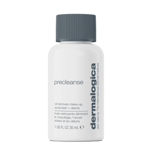 Weiße 30-ml-Flasche PreCleanse 30ml gratis mit grauer Kappe, beschriftet als Make-up-Entferner zum Entfernen von Make-up, Sonnencreme und Rückständen; Produktangaben auf Englisch und Französisch.