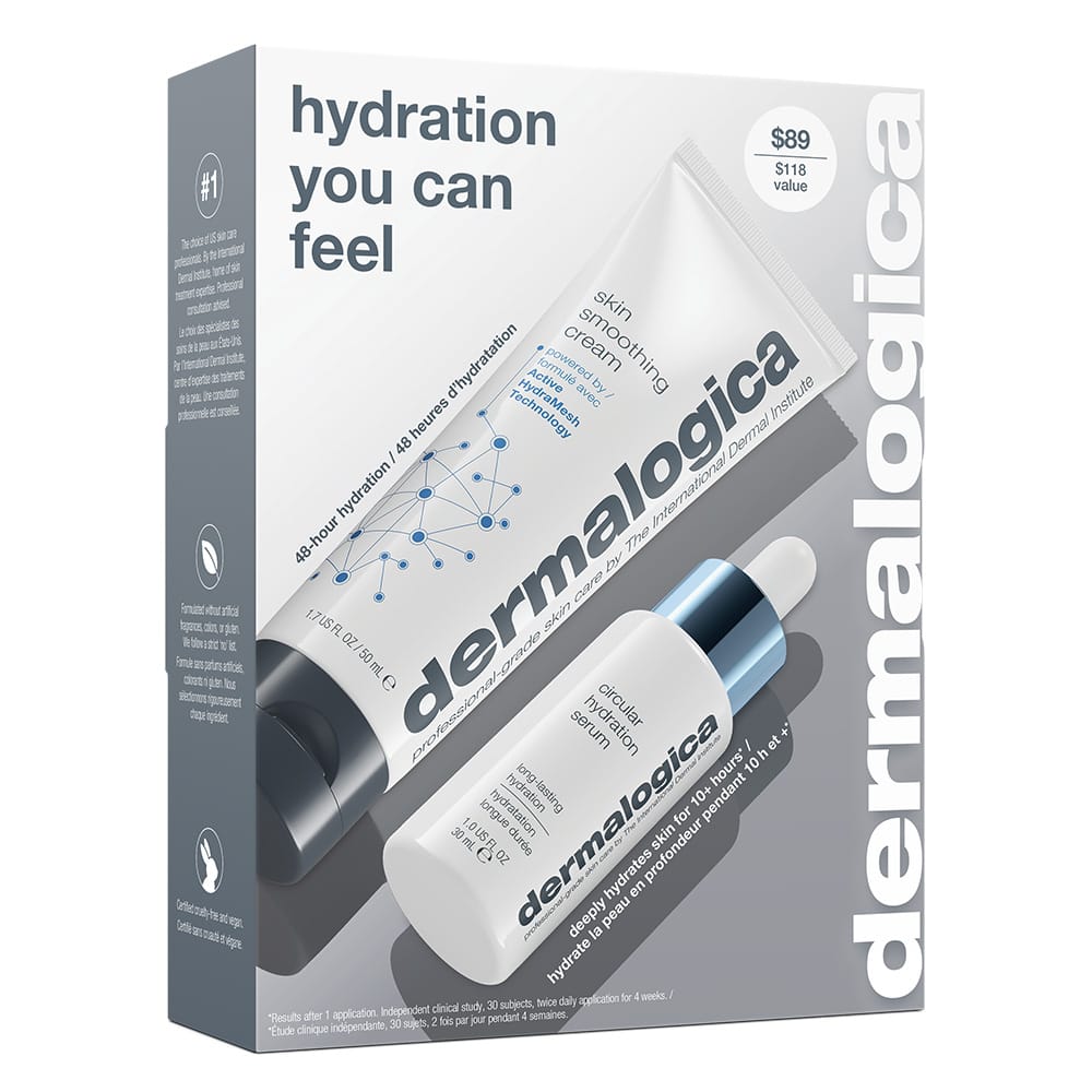 Die Verpackung der „Hydration You Can Feel“-Serie mit einer hautglättenden Creme und einem Feuchtigkeitsserum wurde entwickelt, um trockener Haut intensive Feuchtigkeitspflege zu bieten. Die Produktbilder und das Markenlogo sind auf einer eleganten weiß-grauen Schachtel abgebildet.