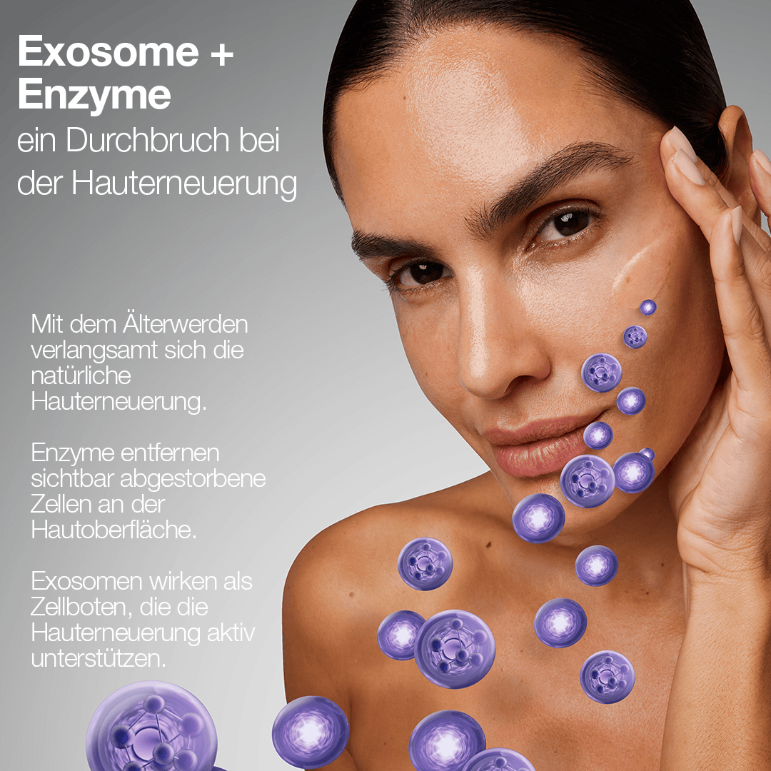 Eine Frau mit glatter Haut berührt ihr Gesicht, während illustrierte violette Moleküle und ein deutscher Text hervorheben, wie Phyto Nature E2 Exosom Treatment Exosomen und Enzyme zur Hautregeneration für eine wirksame Leave-on-Pflege nutzt.