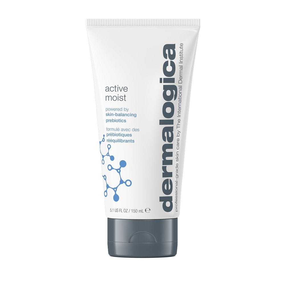 Eine weiße 150-ml-Tube Dermalogica Active Moist, mit blauer und schwarzer Schrift und einer Molekulargrafik auf der linken Seite; eine ölfreie Feuchtigkeitscreme, ideal für Mischhaut und fettige Haut.