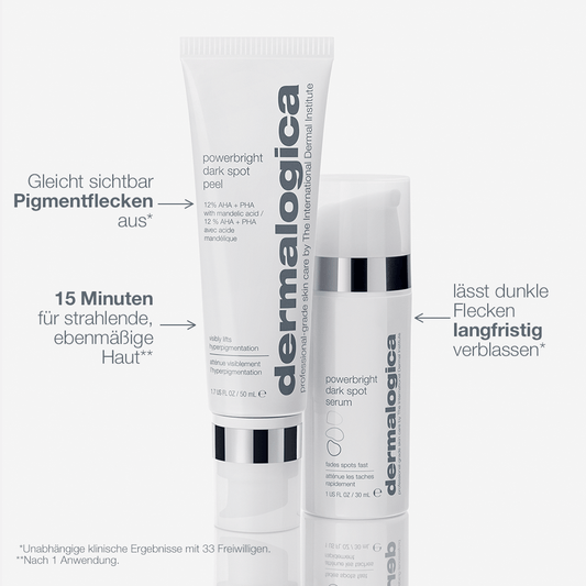 Powerbright Dark Spot System-Display mit Verpackungsdetails und Text, der seine Vorteile bei der Reduzierung von Pigmentflecken und der Förderung einer strahlenden, gleichmäßigen Haut hervorhebt.