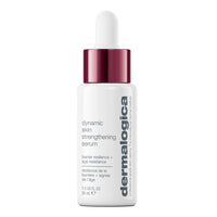 Una botella blanca de Dermalogica Dynamic Skin Strengthening Serum con un tapón gotero rojo y detalles en texto gris y negro utiliza tecnología BioShield para mejorar la elasticidad de la piel.