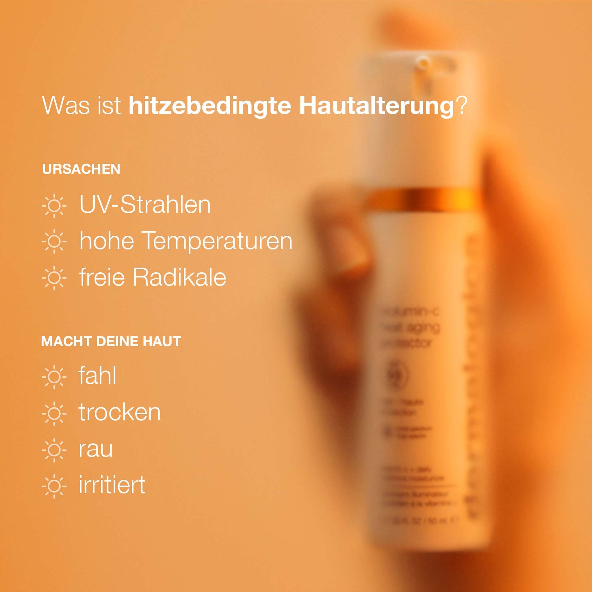 Die Infografik erklärt die durch Hitze bedingte Hautalterung – verursacht durch UV-Strahlung, Hitze und freie Radikale –, die zu stumpfer, trockener Haut führt. Vorgestellt wird der „Biolumin-C Heat Aging Protector SPF 50“ mit Vitamin C für einen wirksamen Schutz vor Hautalterung.
