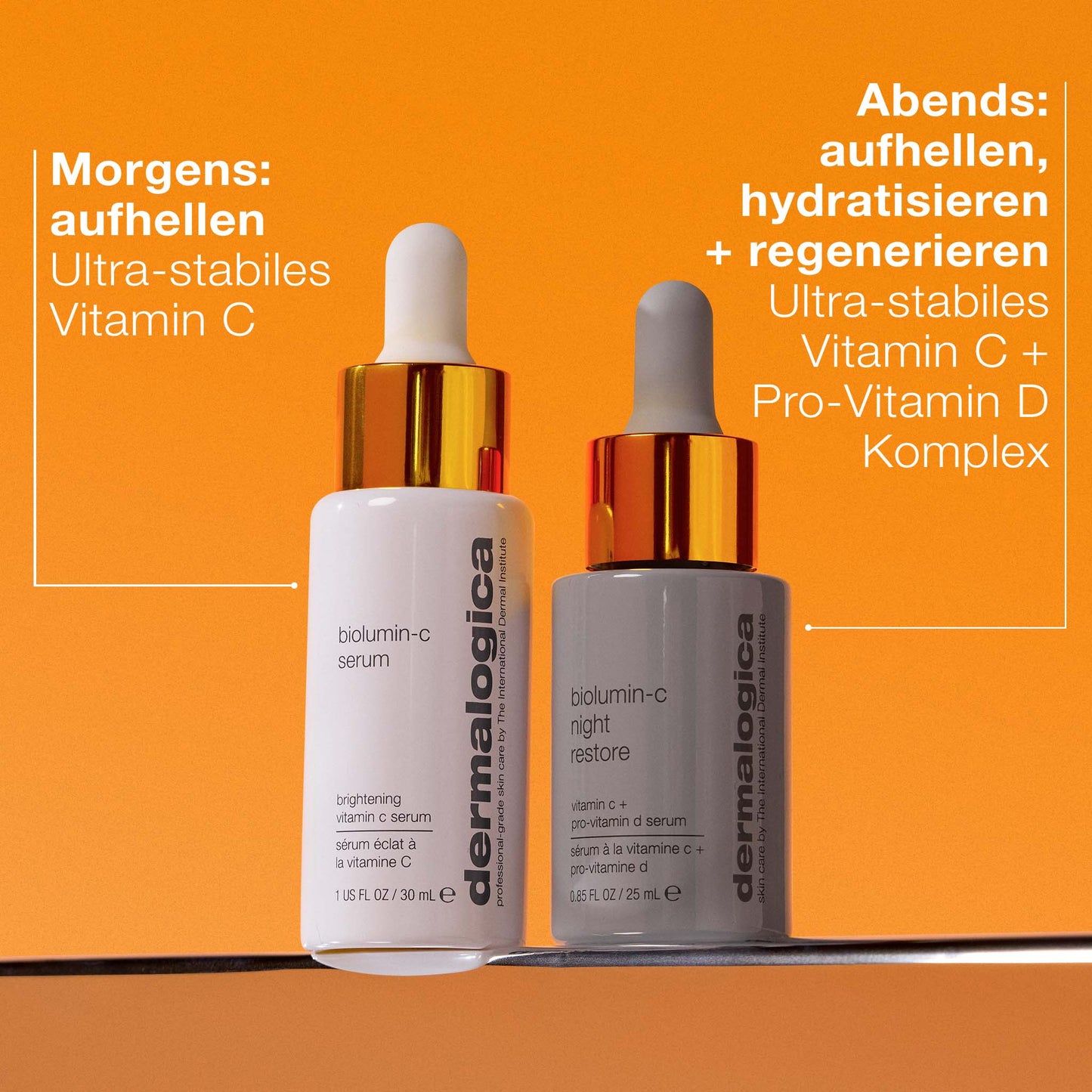 Zwei Dermalogica Biolumin-C Seren mit goldenen Deckeln, für morgens und abends, verwenden Vitamin C, um die Hautalterung zu reduzieren und einen ebenmäßigen Teint mit aufhellenden, feuchtigkeitsspendenden und regenerierenden Eigenschaften zu fördern.