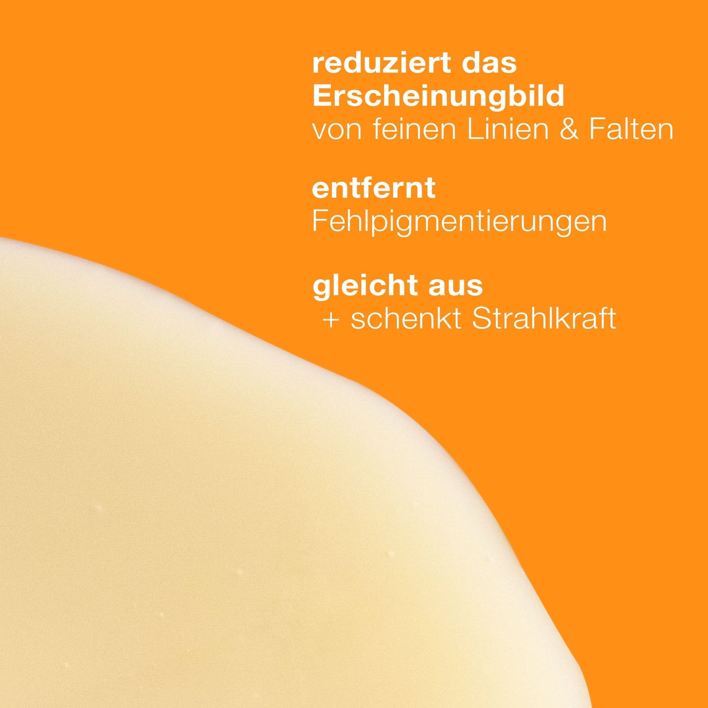 Das cremefarbene Biolumin-C-Serum auf orangefarbenem Hintergrund mit deutschem Text, der die Vorteile wie Verringerung der Hautalterung, Beseitigung von Pigmentflecken und Erzielung eines ebenmäßigen Teints beschreibt.