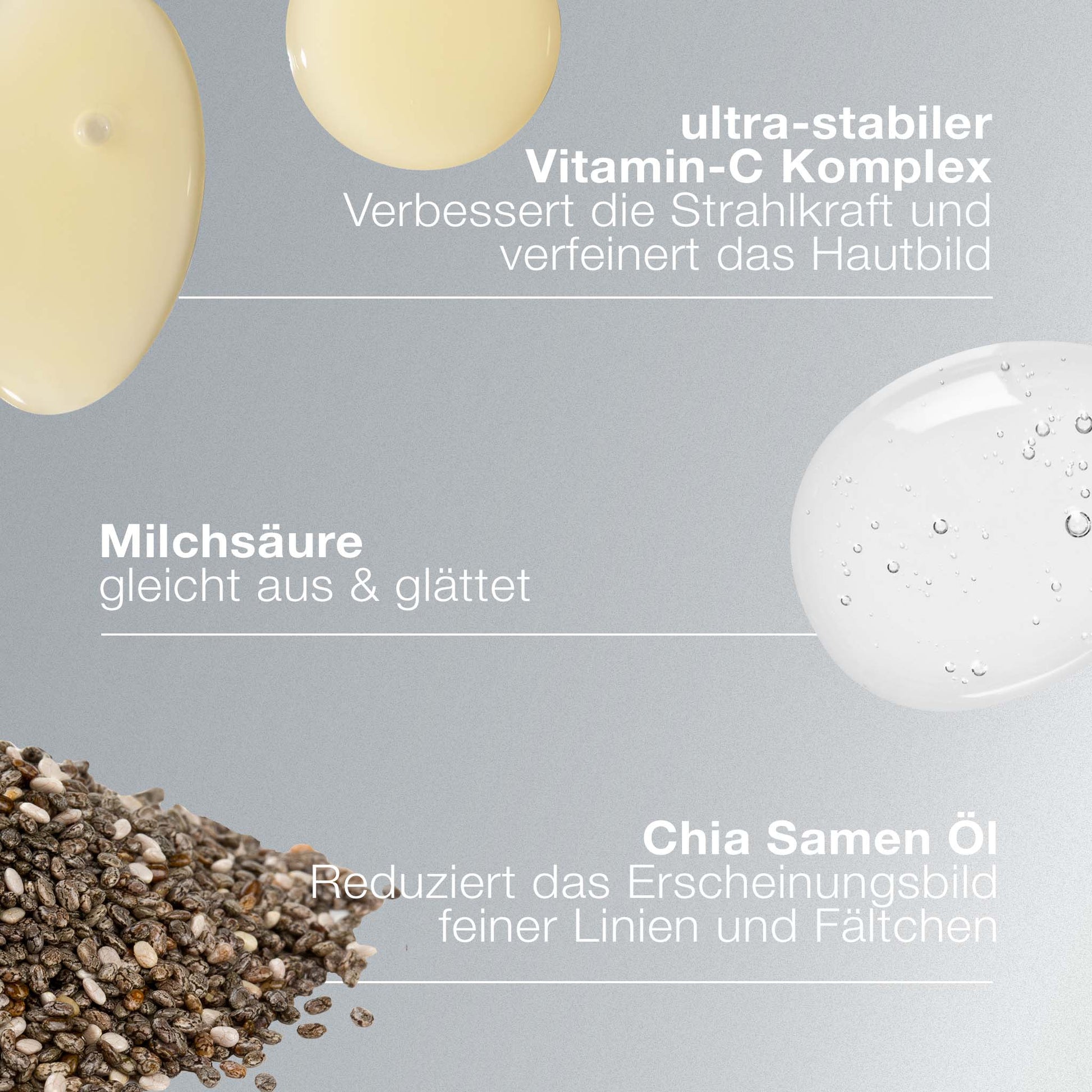 Das Biolumin-C Serum bietet als Proben Vitamin-C-Komplex, Milchsäure und Chiasamenöl - ideal zur Reduzierung von Hautalterung und für ein ebenmäßiges Hautbild.