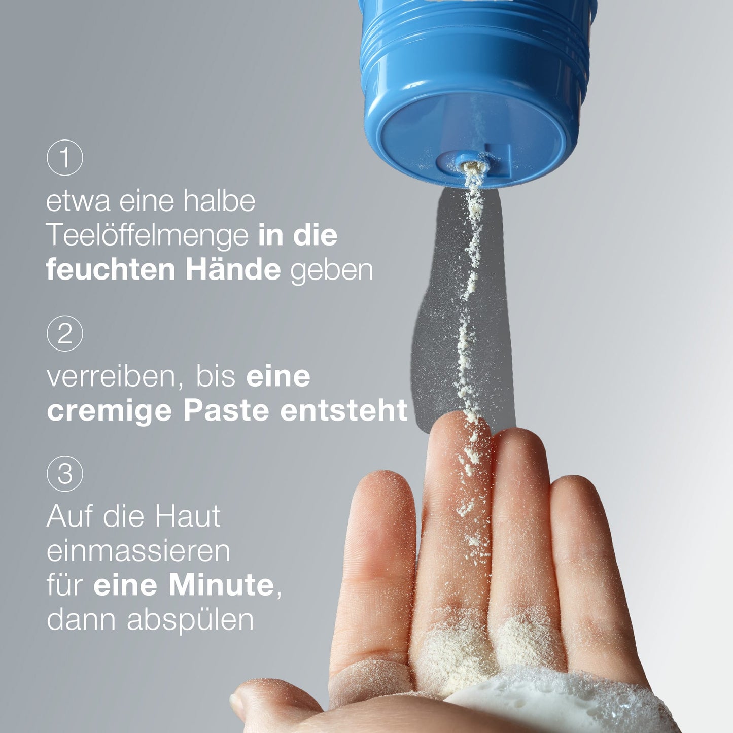Eine Hand entnimmt etwas Daily Milkfoliant aus einem blauen Behälter; daneben liegt eine deutsche Schritt-für-Schritt-Anleitung - ideal für empfindliche Haut und sanfte Erneuerung.