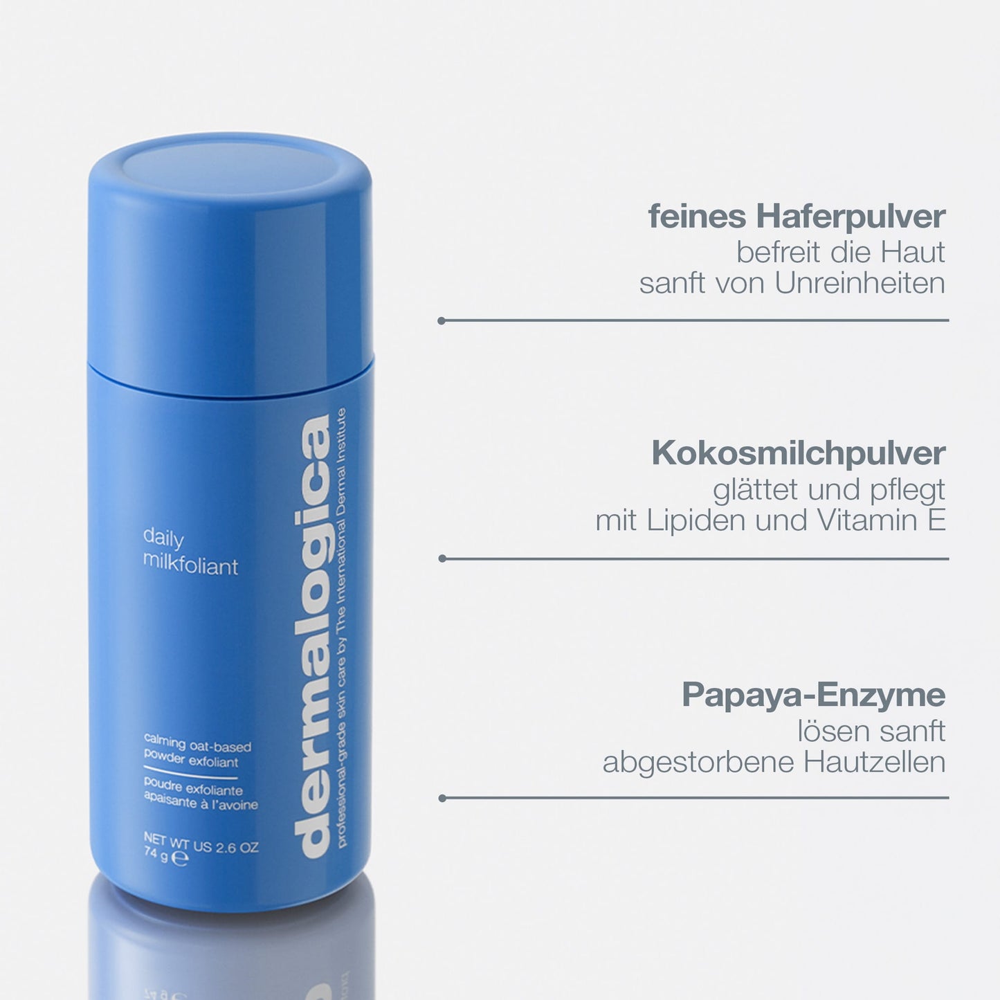 Eine blaue Daily Milkfoliant Flasche neben deutschem Text zu Inhaltsstoffen wie Haferpulver, Kokosmilchpulver und Papaya-Enzymen verspricht sanfte Hauterneuerung - ideal für empfindliche Haut.