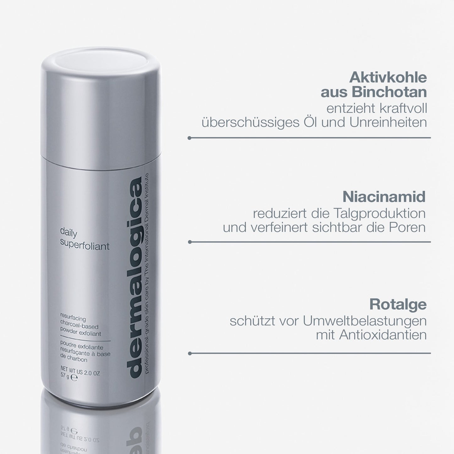 Ein silberner, zylindrischer Behälter für Daily Superfoliant mit deutschem Text, der die wichtigsten Inhaltsstoffe hervorhebt: Binchotan-Holzkohle, Niacinamid, Rotalgen und das Detox-Peeling-Formel für sanfte Hauterneuerung.