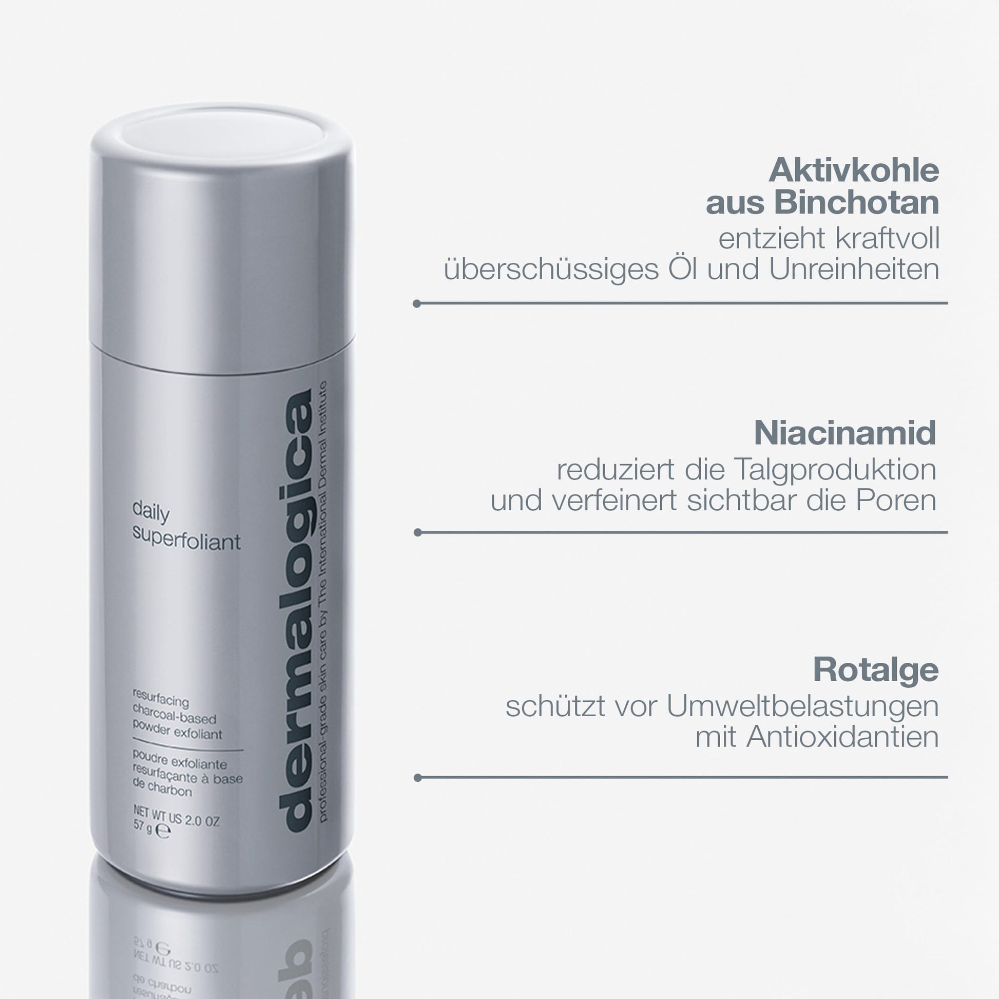 Ein silberner, zylindrischer Behälter für Daily Superfoliant mit deutschem Text, der die wichtigsten Inhaltsstoffe hervorhebt: Binchotan-Holzkohle, Niacinamid, Rotalgen und das Detox-Peeling-Formel für sanfte Hauterneuerung.
