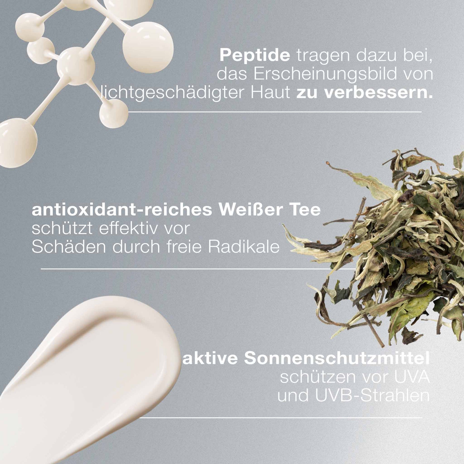 Dynamic Skin Recovery SPF 50 wird mit einem Molekülmodell, weißen Teeblättern und einem Cremeschmier neben einem deutschen Text gezeigt, der die Anti-Aging-Tagespflege, den UV-Schutz für die Haut und ihre schützenden Inhaltsstoffe hervorhebt.