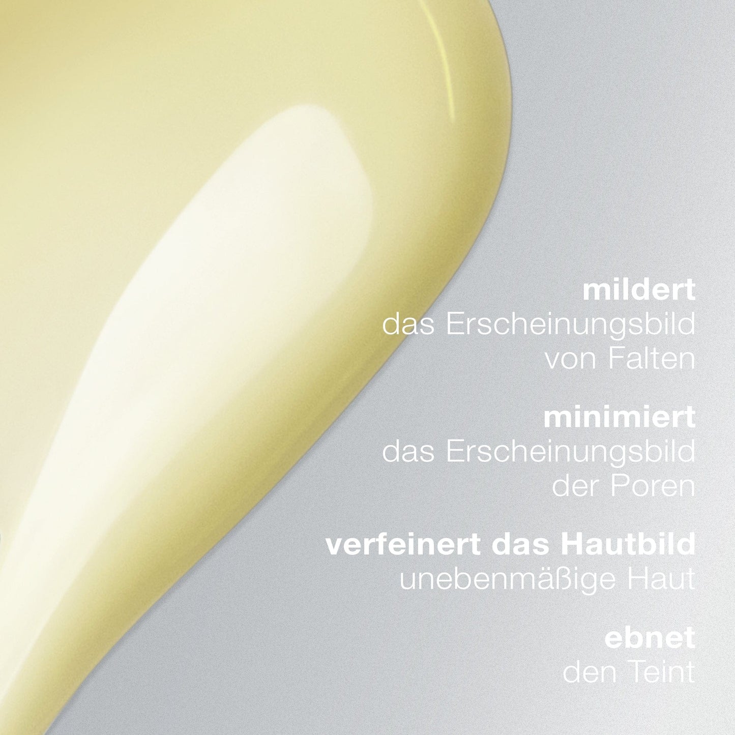 Eine Nahaufnahme einer blassgelben Flüssigkeit mit der Aufschrift Dynamic Skin Retinol Serum, mit deutschem Text, der die Vorteile der Hautpflege hervorhebt, wie z. B. die Reduzierung von Falten, die Minimierung von Poren, die Glättung der Hautstruktur und die Glättung des Hauttons.