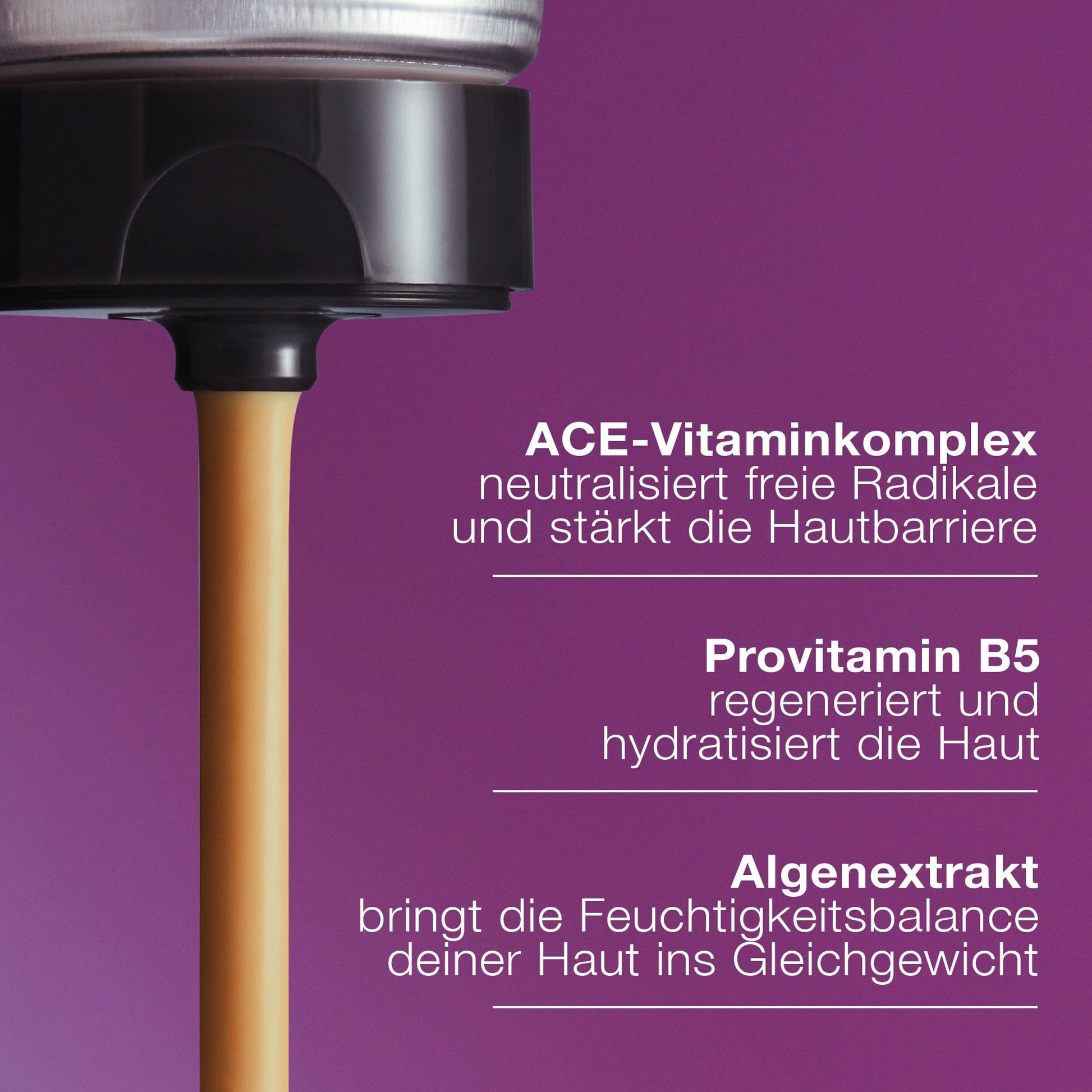 Nahaufnahme eines Spenders für Hautpflegeprodukte mit beiger Creme, daneben ein deutscher Text über die MultiVitamin Power Recovery Masque und die Vorteile von ACE-Vitaminen, Provitamin B5 und Algenextrakt für die Haut.