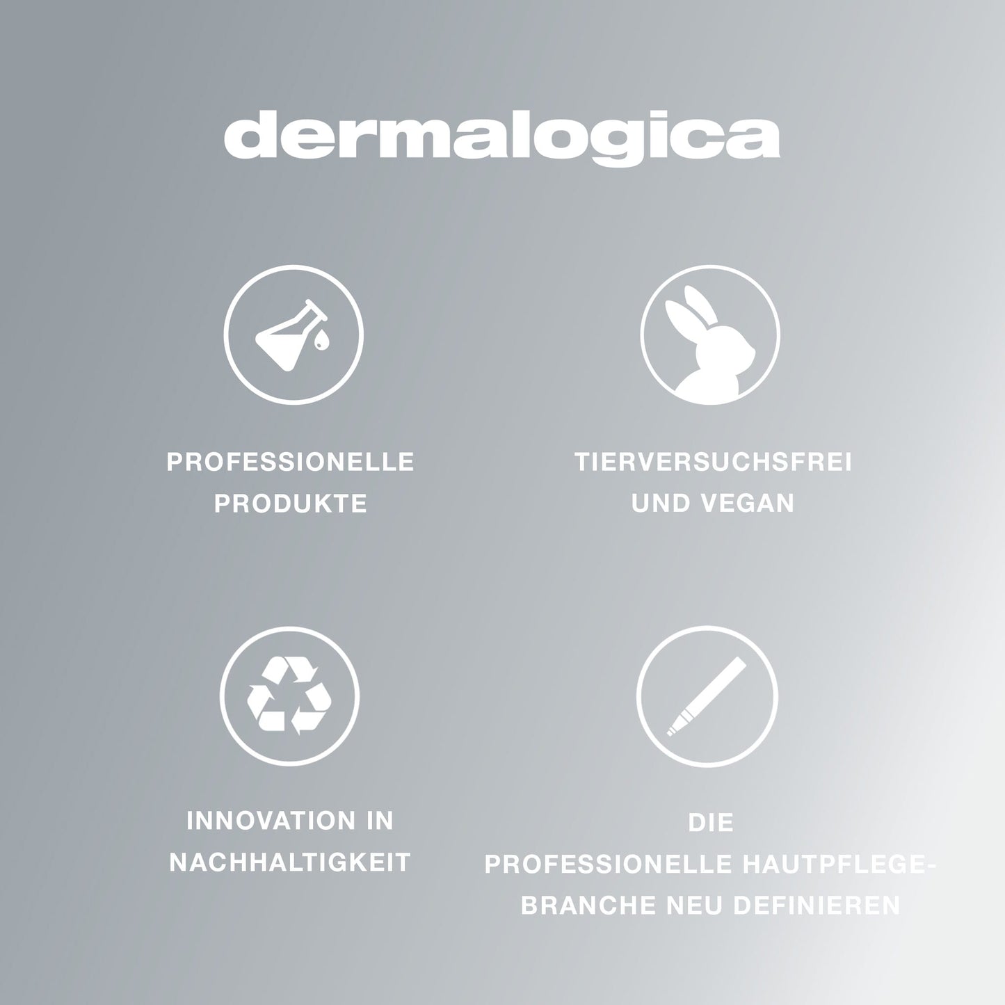 Das Dermalogica-Branding enthält deutsche Texte und Symbole, die für die Vorteile von Kollagen Haut, das Pro-Collagen Banking Serum, grausamkeitsfreie vegane Formeln, nachhaltige Innovationen und einen neuen Standard in der professionellen Hautpflege werben.