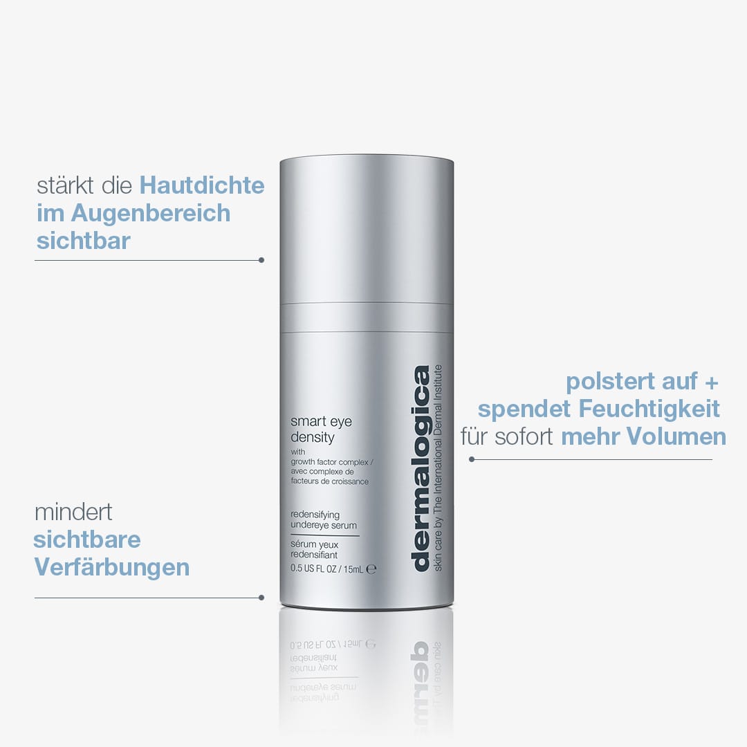 Flasche des „Smart Eye Density Serum“ mit deutschem Text, der die Vorteile hervorhebt: Dieses biointelligente Augenserum mit Growth Factor Complex verbessert die Hautdichte der Augenpartie, spendet Feuchtigkeit für mehr Volumen und reduziert sichtbare Verfärbungen.