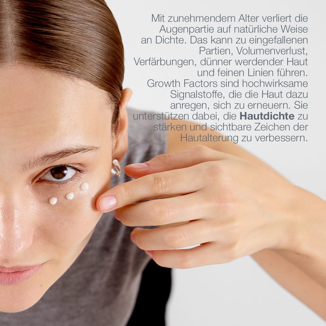 Eine Frau trägt weiße Cremepunkte unter ihrem rechten Auge auf. Auf der rechten Seite des Bildes ist ein deutscher Text über die Hautdichte im Augenbereich („Hautdichte Augenpartie“) und die Anti-Aging-Wirkung des Wachstumsfaktor-Komplexes im „Smart Eye Density Serum“ zu sehen, das als „biointelligentes Augenserum“ beschrieben wird.