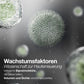 Nahaufnahme von kugelförmigen, stacheligen Molekülen mit deutschem Text über Wachstumsfaktoren und Hauterneuerung, wobei die wirksamen Signalmoleküle des „Growth Factor Complex“ im „Smart Eye Density Serum“ hervorgehoben werden, die das Hautvolumen und die Hautdichte im Augenbereich wiederherstellen.