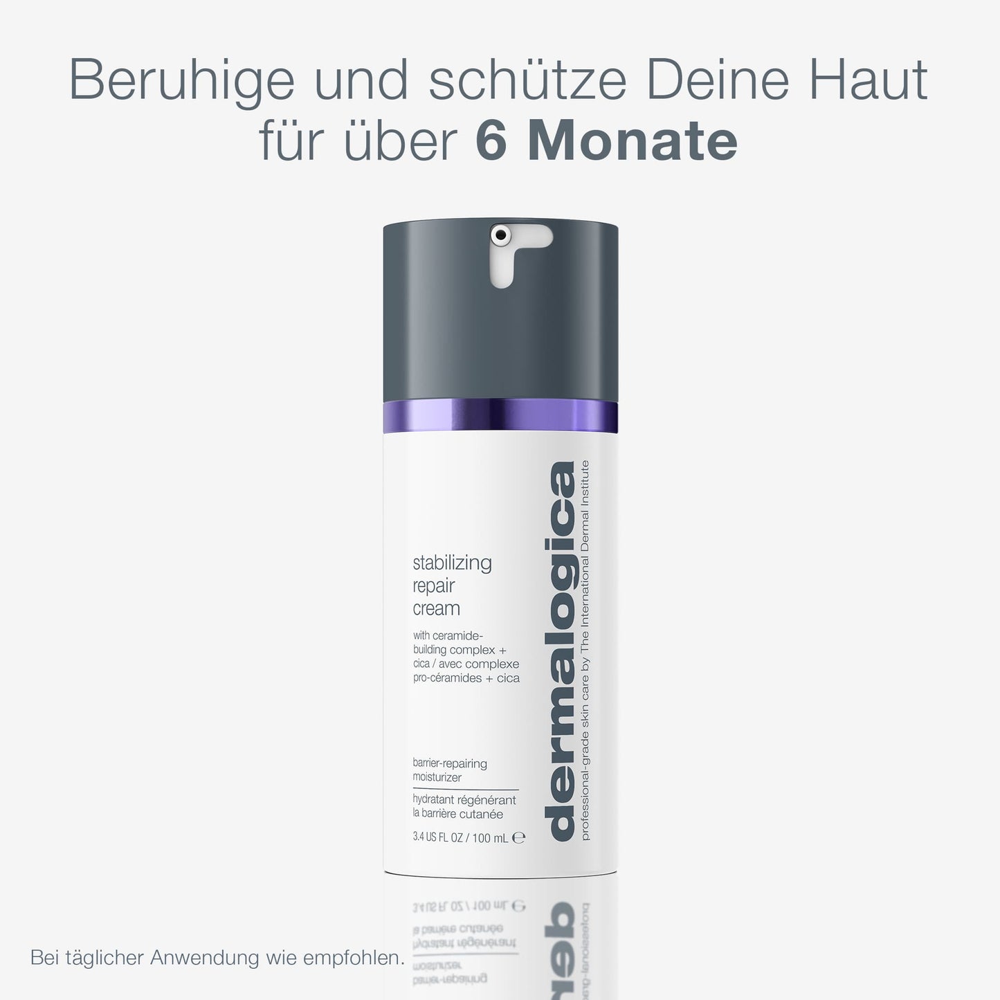 Eine Flasche der Stabilisierenden Reparaturcreme ist mit einem deutschen Text abgebildet, der den Ceramid-Komplex für empfindliche Haut hervorhebt und den täglichen Schutz der Haut für mehr als 6 Monate verspricht.