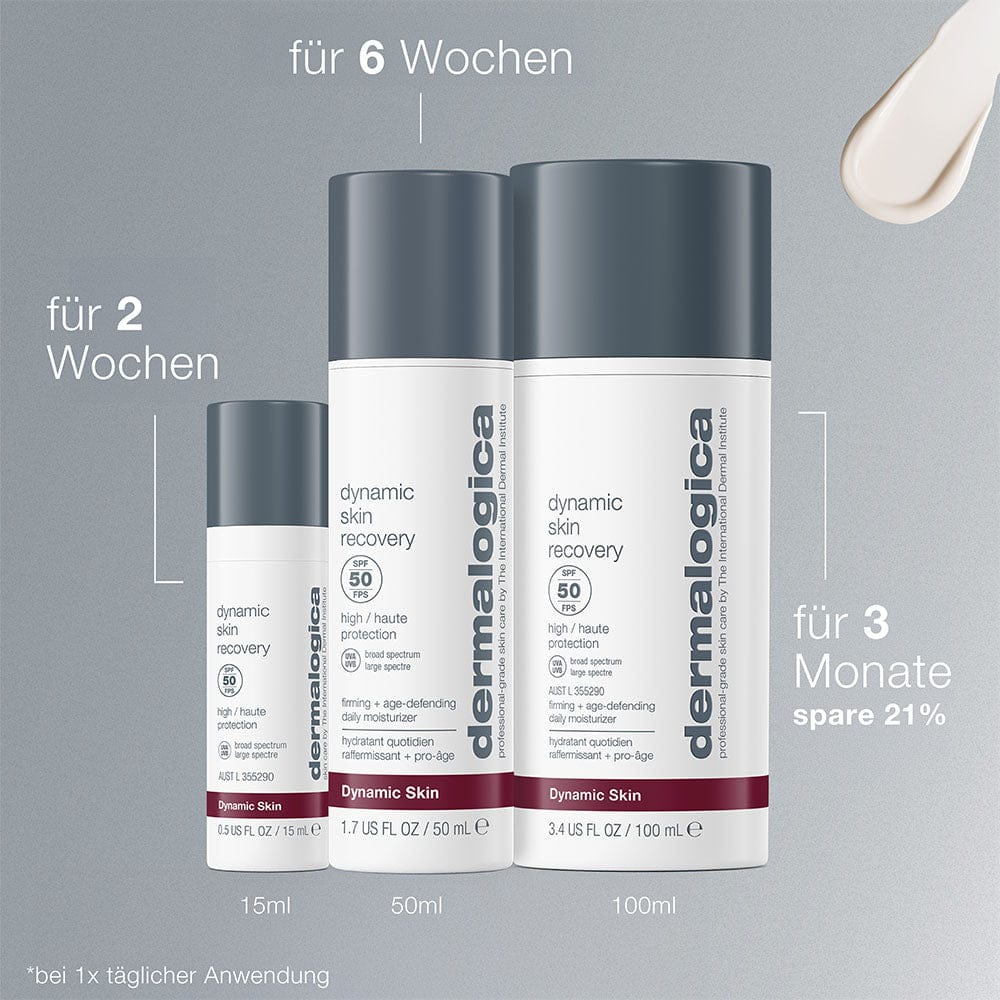Drei Dynamic Skin Recovery SPF 50 Flaschen (15ml, 50ml, 100ml) sind abgebildet, die SPF50 UV-Schutz und Anti-Aging-Pflege mit einer Anwendungsdauer von 2 Wochen, 6 Wochen bzw. 3 Monaten bieten.