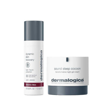 Dynamic Skin Recovery SPF 50 + Sound Sleep Cocoon: Tagespflege mit UV-Schutz im Pumpflakon und Nachtgelcreme im Tiegel - beide in weiß-grauer Verpackung.