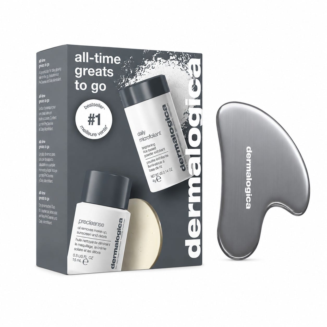 Das „All Time Greats to Go“-Set + Gua Sha enthält zwei Hautpflegeflaschen, eine weiße Seifenscheibe und ein metallisches Gua-Sha-Werkzeug und wird in einer Dermalogica-Markenverpackung mit der Aufschrift „All Time Greats to Go“ geliefert.