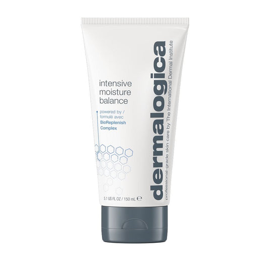 Tubo blanco de 150 ml de crema humectante Intensive Moisture Balance con tapa gris y letras de color gris azulado sobre un fondo sólido.