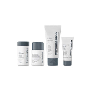 Vier Dermalogica 4 Minis im Wert von 42€ sind in einer Reihe vor einem weißen Hintergrund angeordnet.