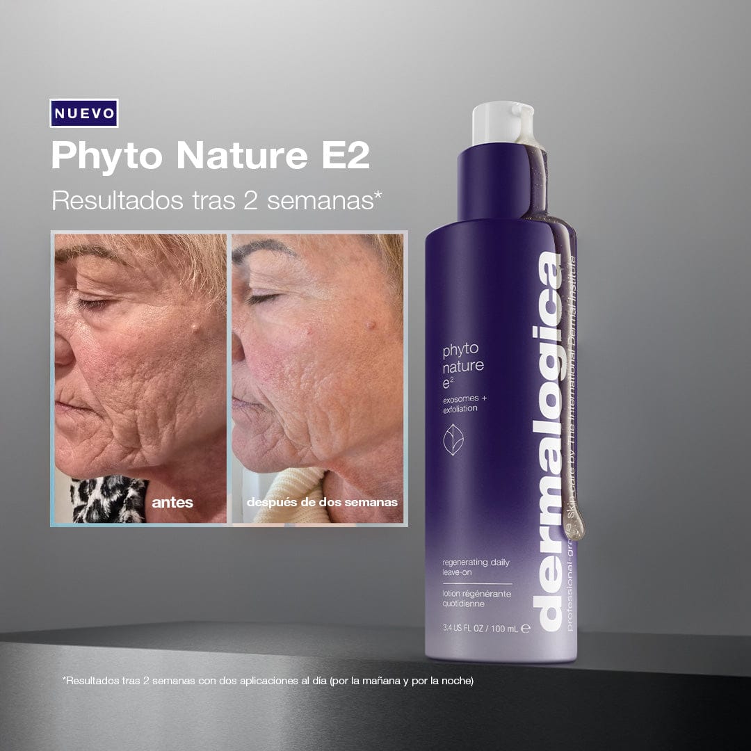 Nahaufnahme der Wange einer Frau vor und nach zweiwöchiger Anwendung von Phyto Nature e² Exosom Treatment + Phyto Nature Oxygen Cream, dargestellt neben den Produktflaschen.