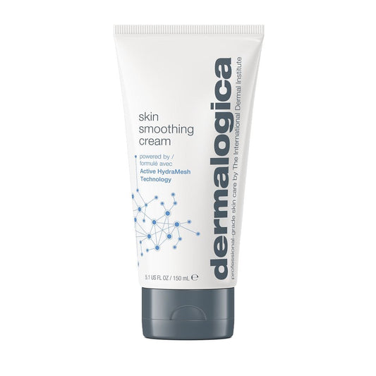 Tubo blanco de 150ml de Crema Alisadora de Piel con texto azul y gris, con Tecnología HydraMesh y complejo de ácido hialurónico.