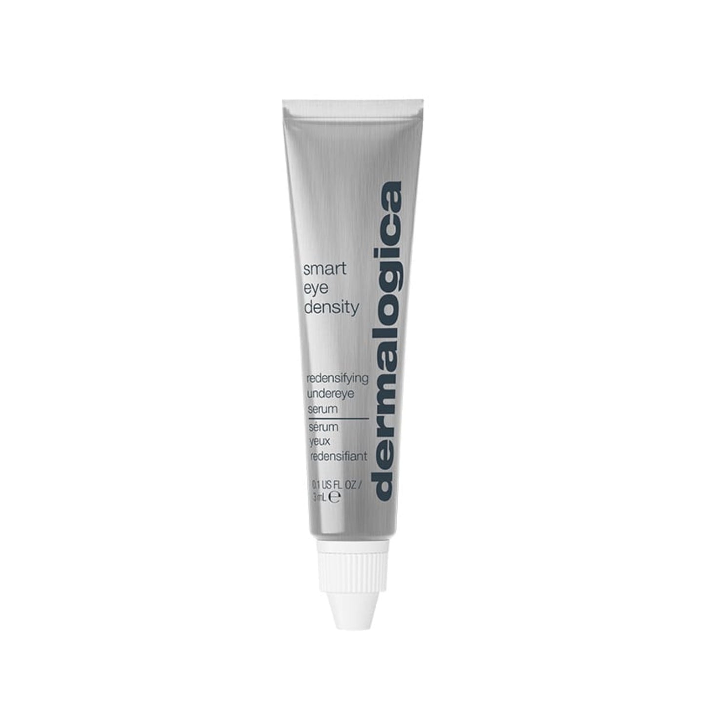Auf einem schlichten weißen Hintergrund ist eine silberne Tube mit der Aufschrift „Smart Eye Density Serum Mini“ zu sehen, auf der der Vermerk „KEIN VERKAUFSPRODUKT“ angebracht ist.