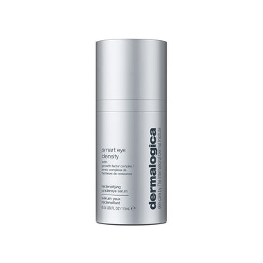 Eine silberne Flasche „Dermalogica Smart Eye Density Serum“, 0,5 fl oz (15 ml), mit einer biointelligenten Augenserum-Formel mit Growth Factor Complex, die darauf ausgelegt ist, die Hautdichte der Augenpartie zu verbessern. Die Produktdetails sind auf der Vorderseite aufgedruckt.