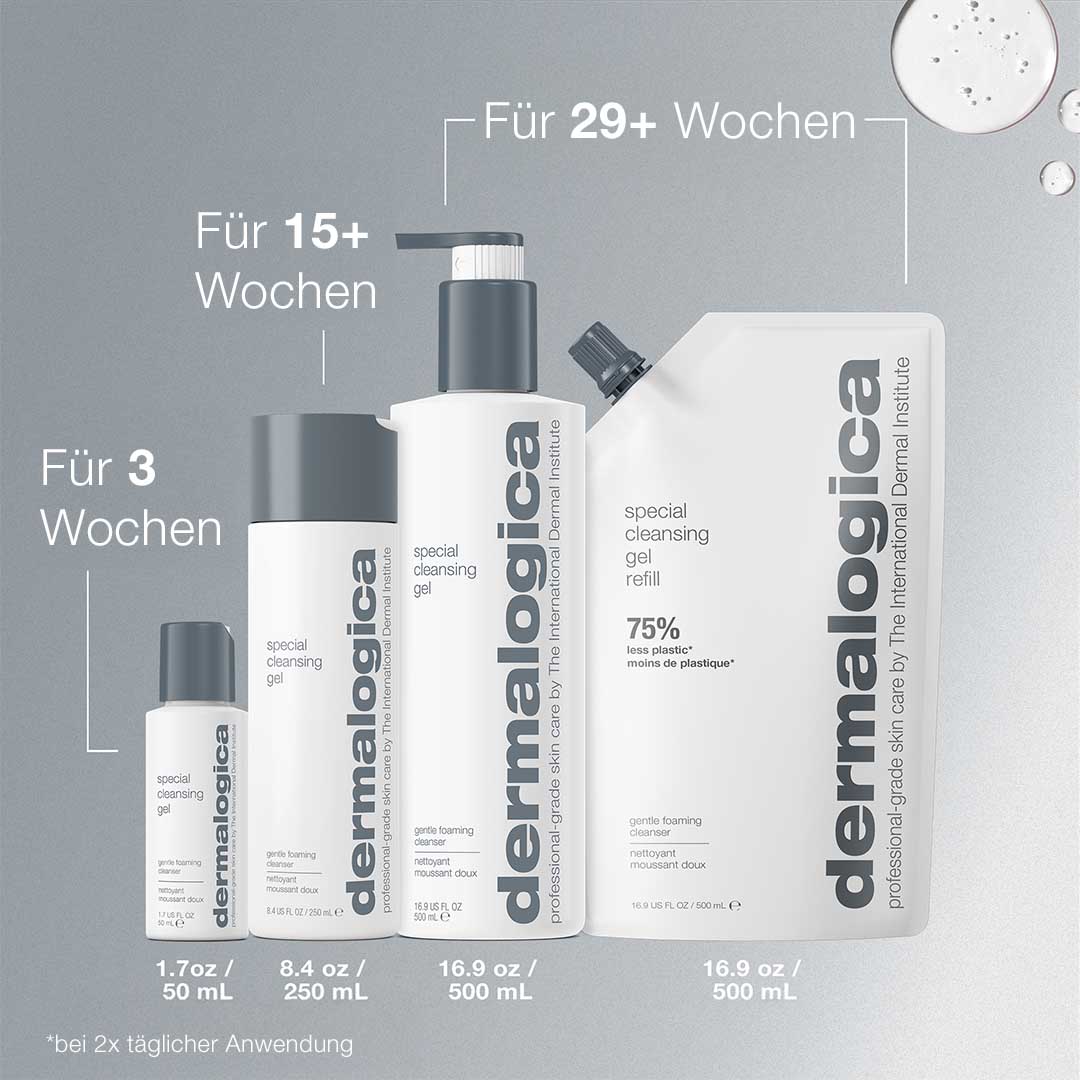 Abgebildet sind vier Dermalogica Special Cleansing Gel-Flaschen und ein seifenfreier Nachfüllbeutel in verschiedenen Größen, mit dem Hinweis, dass jede vegane Formel 3 bis über 29 Wochen lang hält.