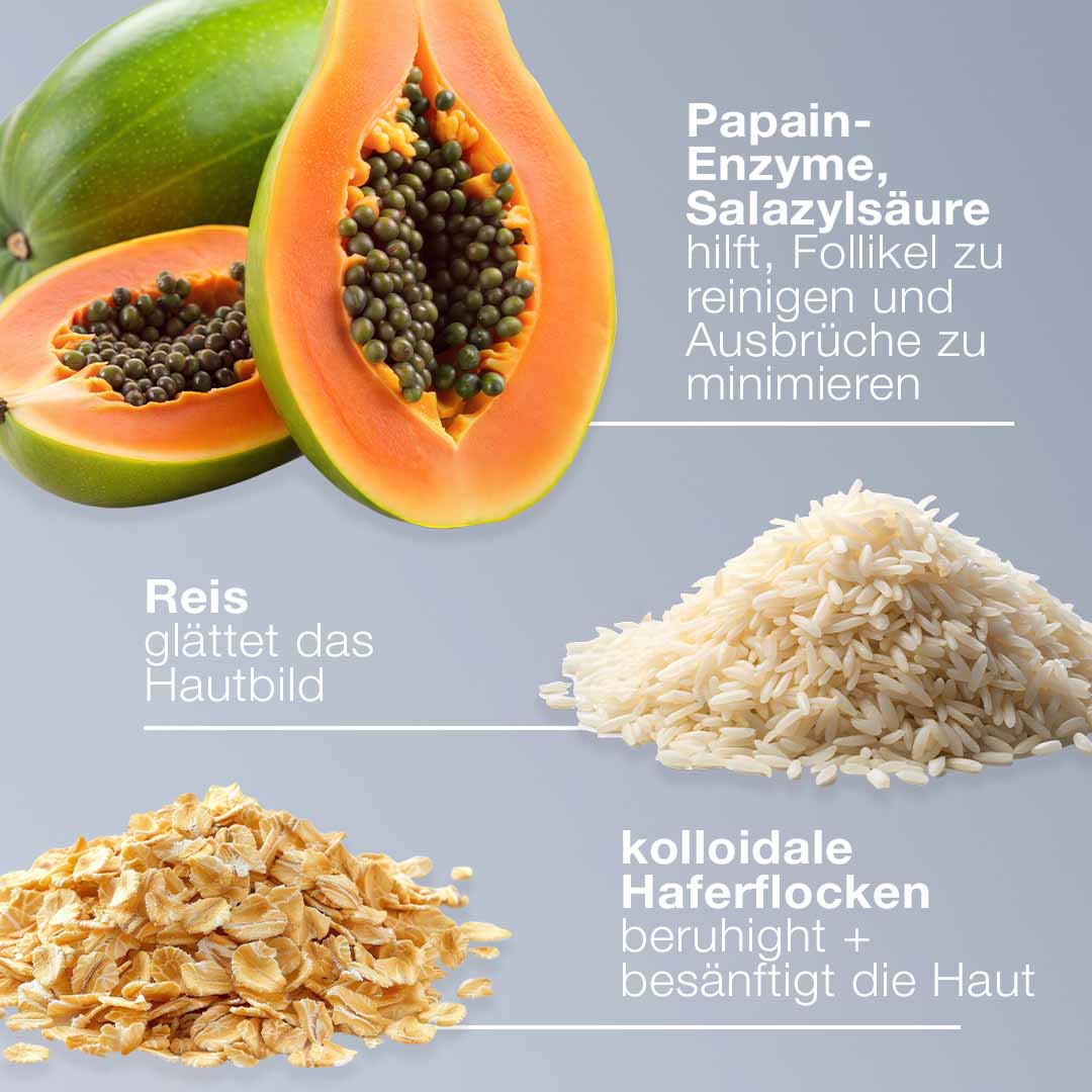 Papaya, Reis und Hafer zieren einen grauen Hintergrund. Der deutsche Text betont die Vorteile für die Haut: Papaya zur Reinigung, Reis zur Glättung und Hafer zur Beruhigung – ein magisches Gesichtspeeling mit dem Skin Brightening Complex des Daily Microfoliant.
