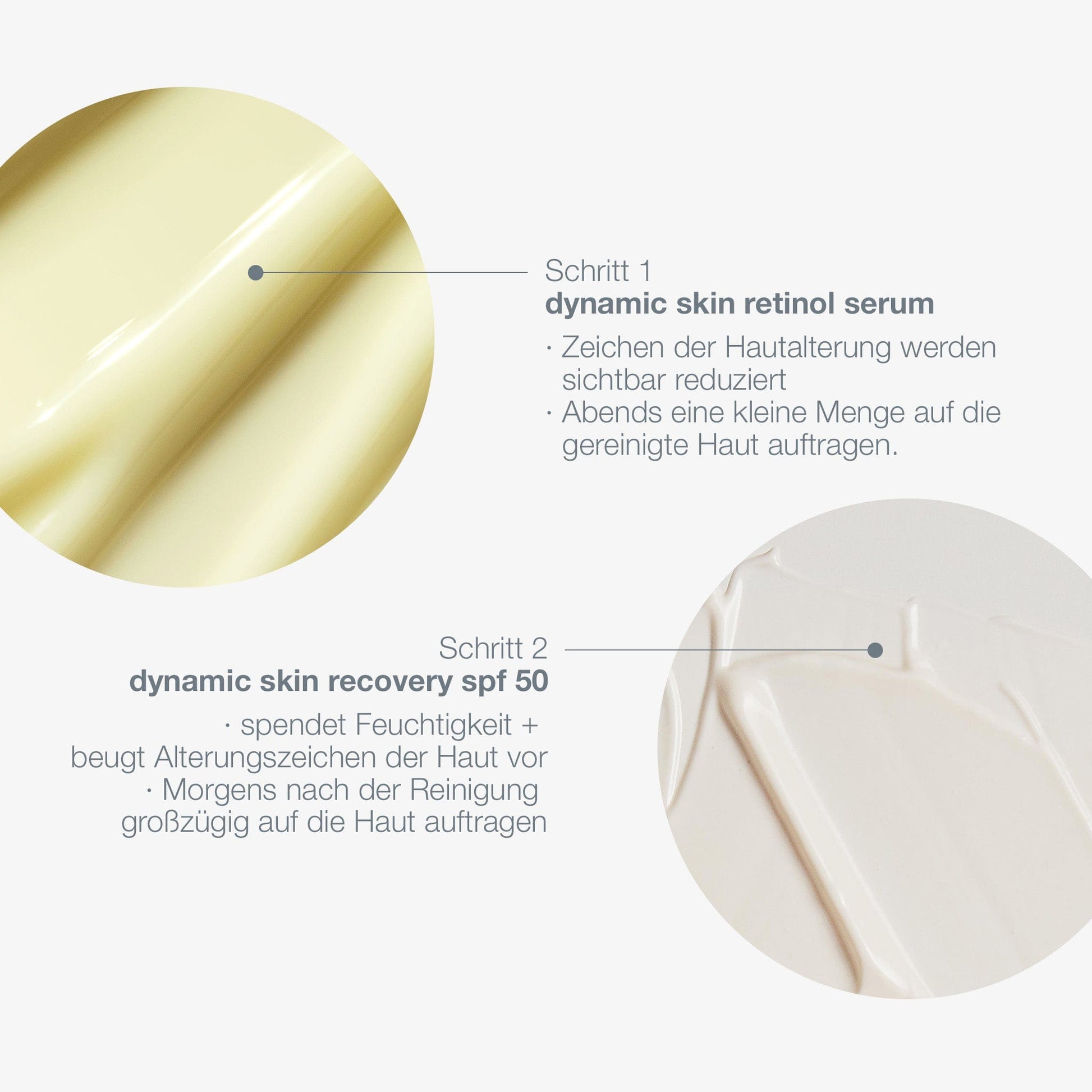 Dynamic Defense Duo: Schritt 1-Dynamisches Haut-Retinol-Serum für Anti-Aging, Schritt 2-Feuchtigkeitspflege SPF50 Feuchtigkeitscreme. Beide auf die gereinigte Haut auftragen. Deutsche Anleitung in Nahaufnahme der Texturen.