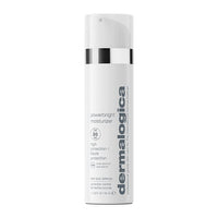 Crema hidratante Powerbright con FPS 50 en botella con bomba blanca.